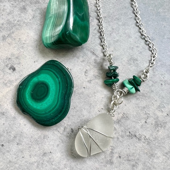 Seaglass + Malachite Crystal Chain Handmade Necklace - Picture 5 of 7